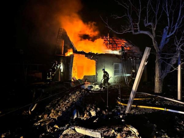 A residential building on fire after a Russian drone strike on Odesa, Ukraine on Dec. 17, 2023.