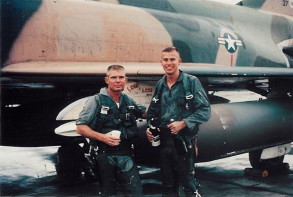 Captain Robert Pardo and 1st Lieutenant Stephen A. Wayne, after Wayne’s 100th combat mission.