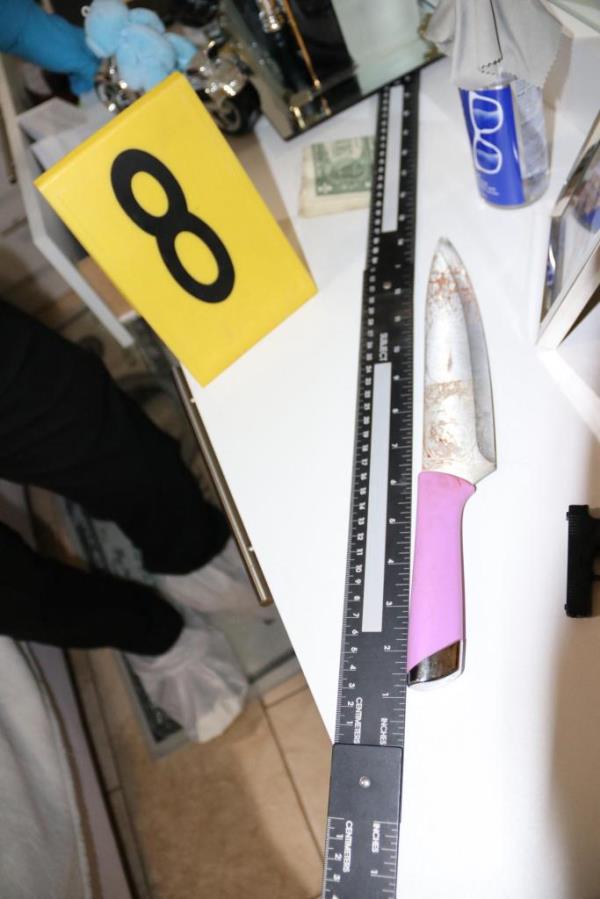 A police photo shows a yellow evidence tag with the number 8 near a bloody knife with a purple handle being measured against a long ruler.