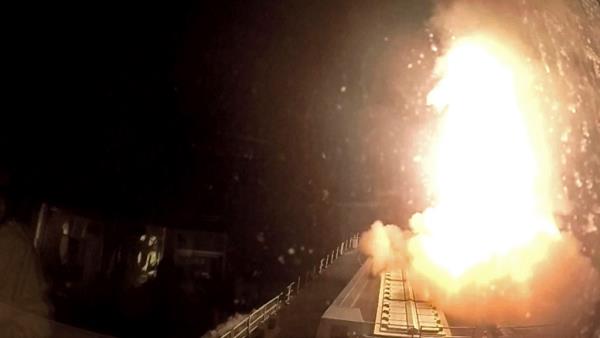 In this photo provided  by the Royal Navy on Saturday, Dec. 16, 2023, an image of HMS Diamond firing its Sea Viper missile to engage and shot down an aerial drone over the Red Sea.