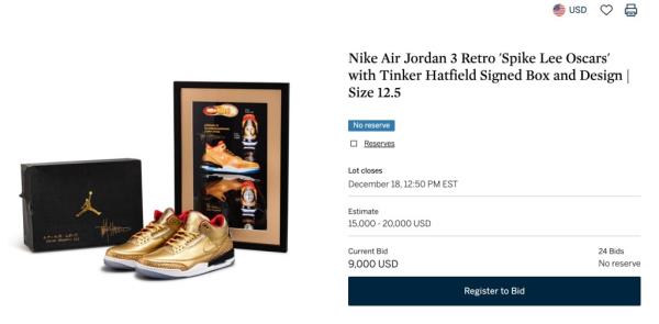 The Sotheby's listing for the gold Air Jordan 3 sneakers commissio<em></em>ned by Spike Lee 