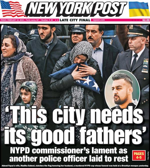 A photo of The Post's front page the day after the slain officer's funeral, with an image of his widow holding a folded American flag and the headline "this city needs its good fathers.