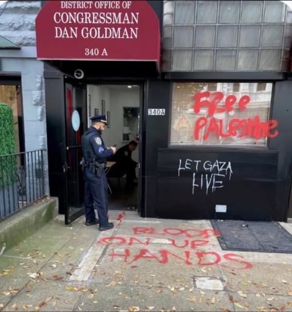 Vandalism to Rep. Dan Goldman's office shows messages "Free Palestine," "Let Gaza Live" and "Blood on ur hands" spray painted on the exterior of the office